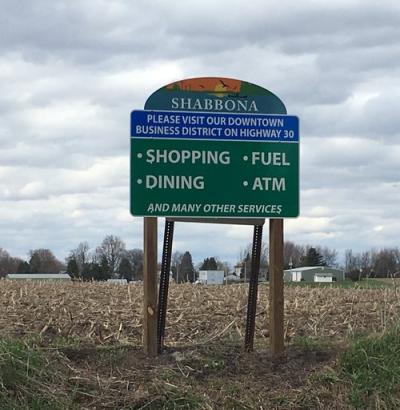 Road sign for Shabbona downtown